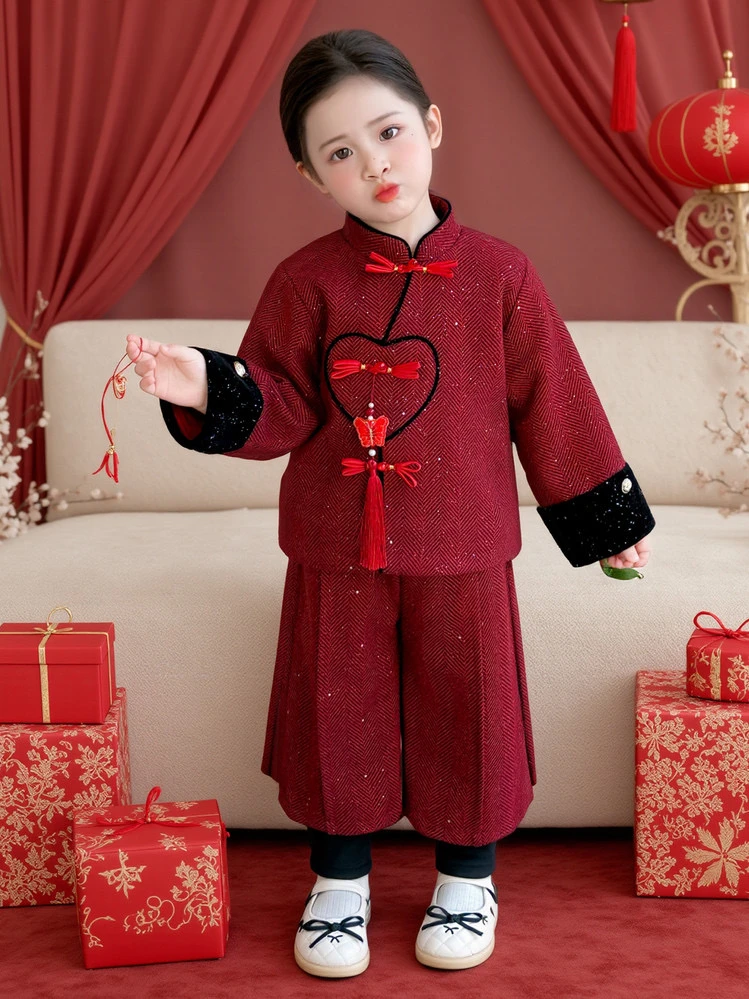 女童红色喜庆新中式拜年服套装2025冬季新款儿童加绒复古唐装汉服