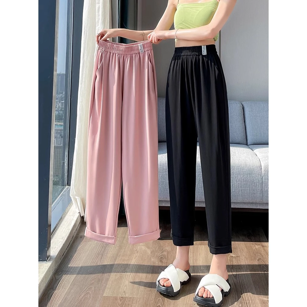 速卖通米白色西装裤女夏季薄款裤子垂感显瘦哈伦九分裤休闲烟管裤