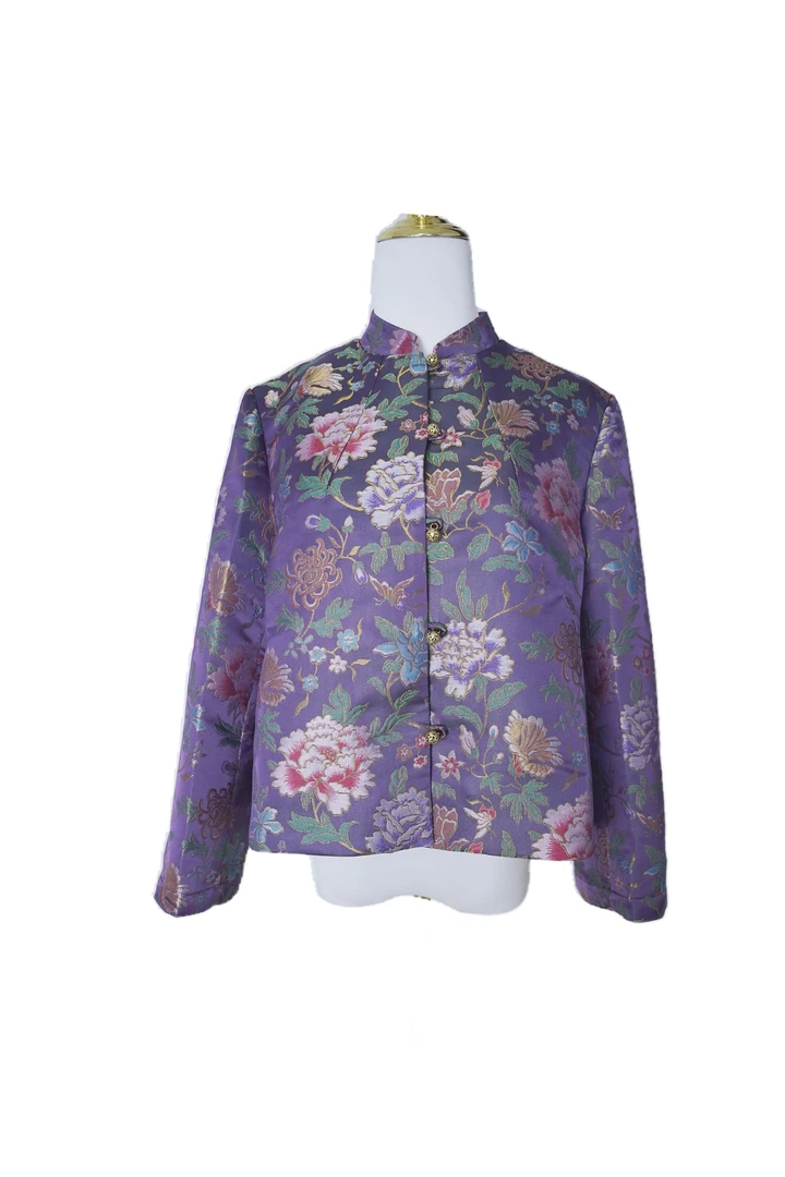 长袖加厚款提花圆领上衣唐装紫色中国风棉服新中式