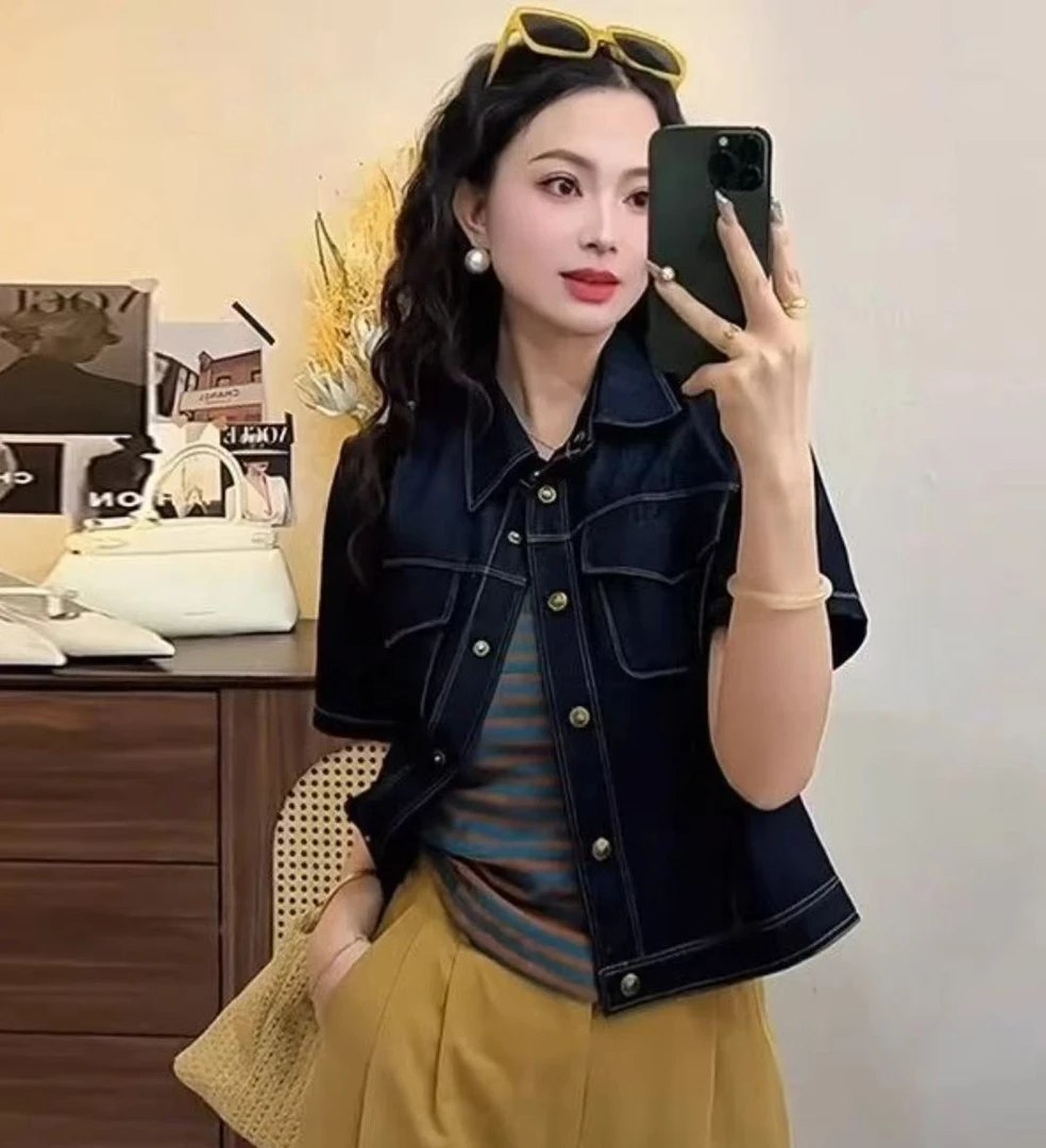 欧洲站蓝色简约POLO领牛仔短袖外套女夏季显高短上衣707（C12-6）