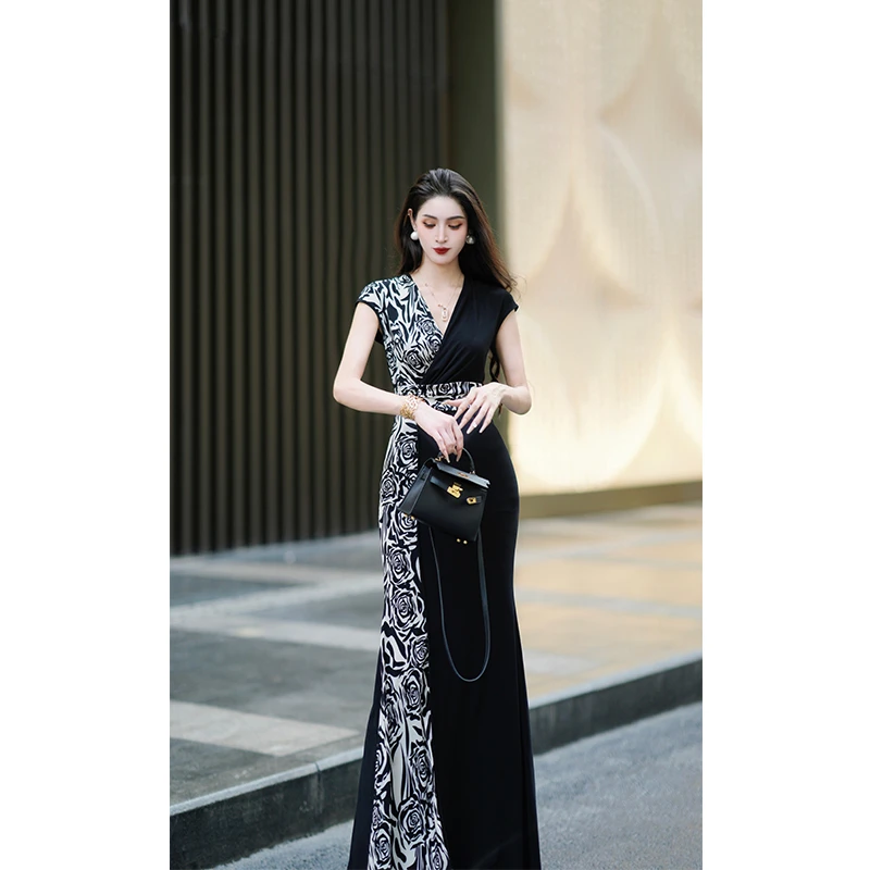 尤克菲儿 原创轻奢水晶麻印花拼接裙气质修身显瘦高级包臀连衣裙