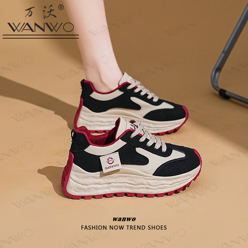 WANWO轻奢鞋子女款爆款2025新款网红厚底老爹鞋运动德训鞋小白鞋