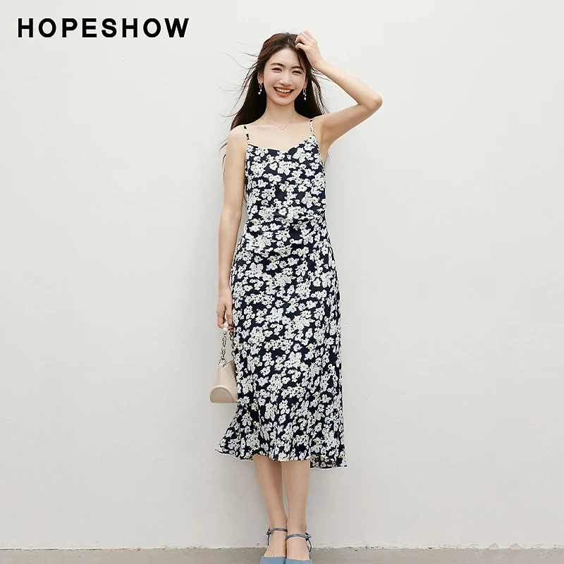 红袖2025新款女装印花抽褶收腰侧拉V领吊带连衣裙90125061604