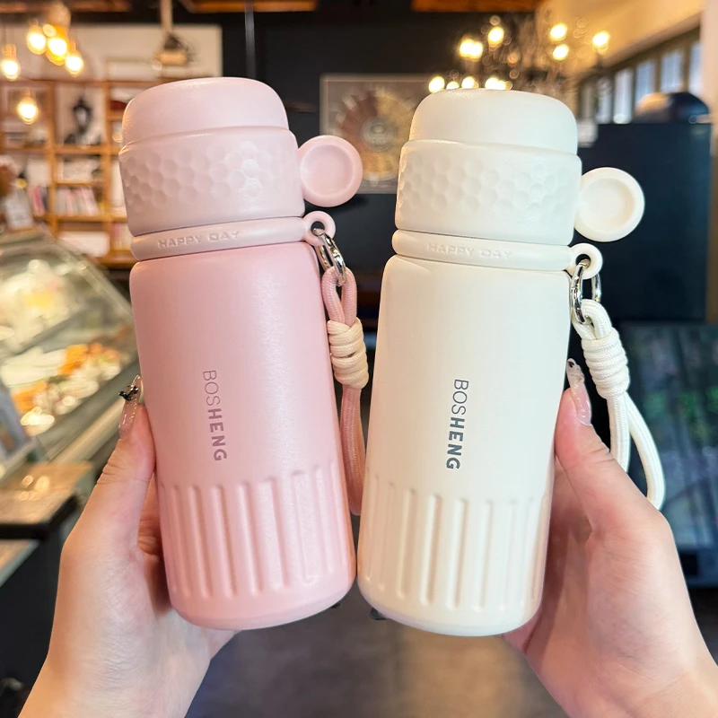 简约保温杯女生高颜值水杯学生双饮杯带盖可喝水杯子外出便携杯子