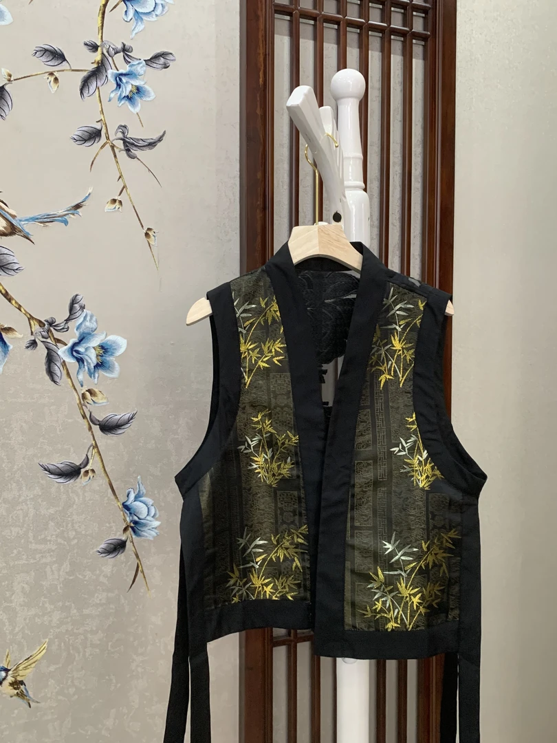 【竹吟集】新中式国风淑女温婉气质纱织薄款马甲墨色金盏正反两穿