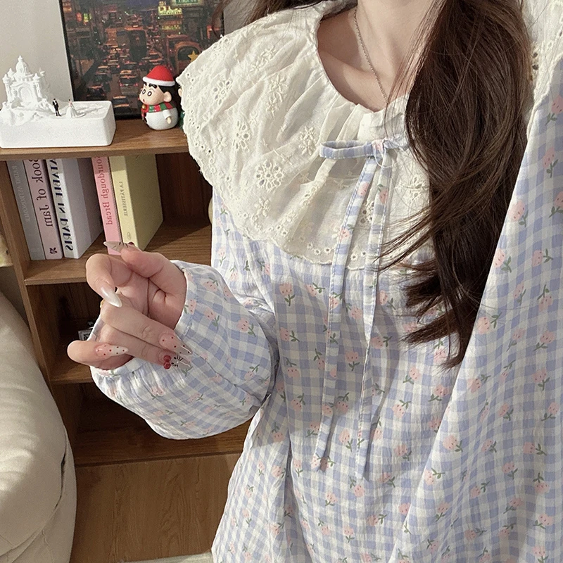 蓝格纹花花睡衣少女春秋款云朵棉长袖公主风可爱外穿家居服套装