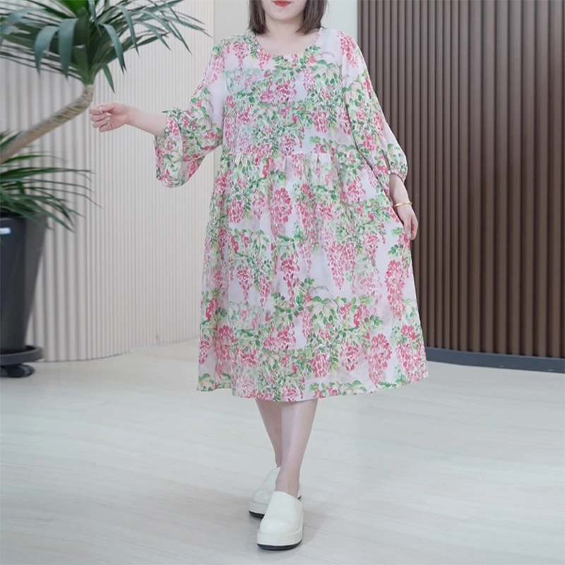 乔其纱碎花印花温柔连衣裙大码复古撞色泡泡袖气质中长过膝裙