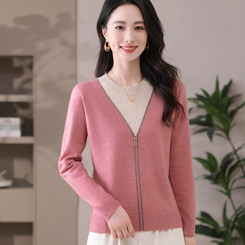 针织衫女装上衣中老年宽松百搭春季春秋单件上衣假2件女针织衫