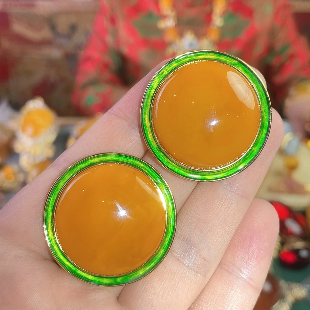 蜜蜡耳钉银S925镀金镶嵌21克