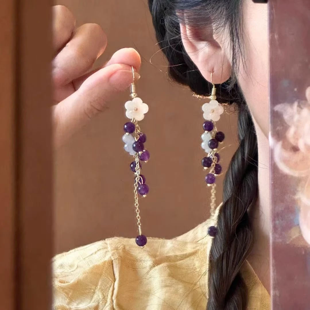 （森系藤蔓）复古风款紫色搭配小白花，灵动飘逸长链耳饰