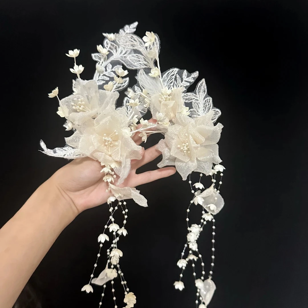 新款森系超仙气蕾丝娟纱花流苏甜美气质新娘头饰白纱发饰新娘配饰