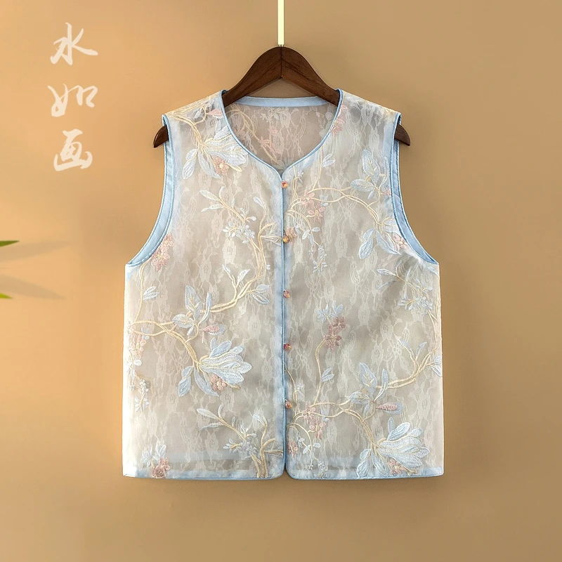 【轻蔓】夏季2025新款马甲女装新中式圆领绣花气质薄款防晒上衣马夹