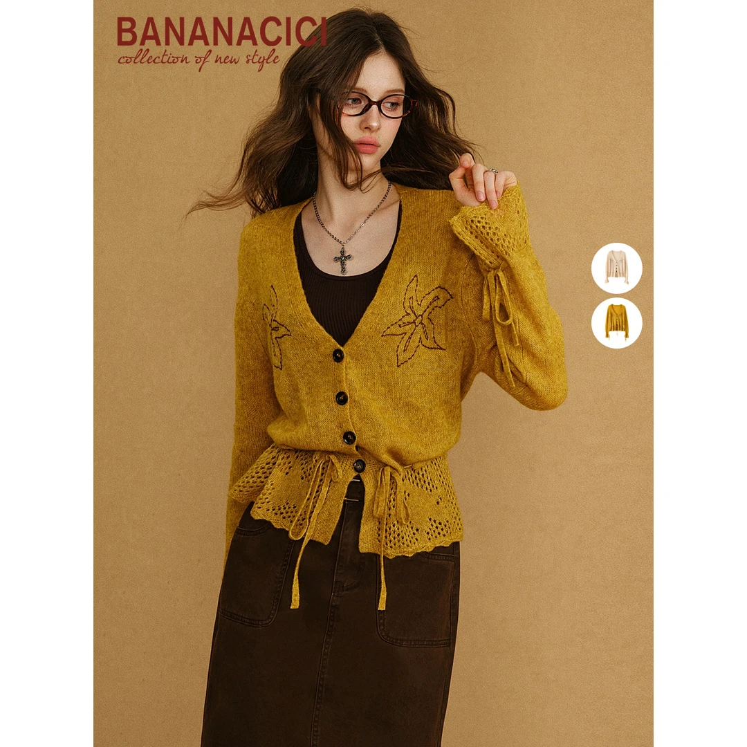 BANANA CICI2025年秋季新款设计感花朵刺绣镂空花边V领针织开衫
