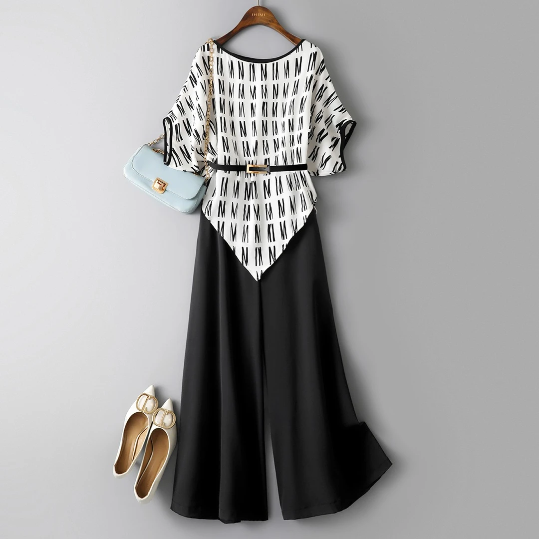 IHIMI气质优雅套装女2025夏新款通勤短袖上衣阔腿裤子两件套1042