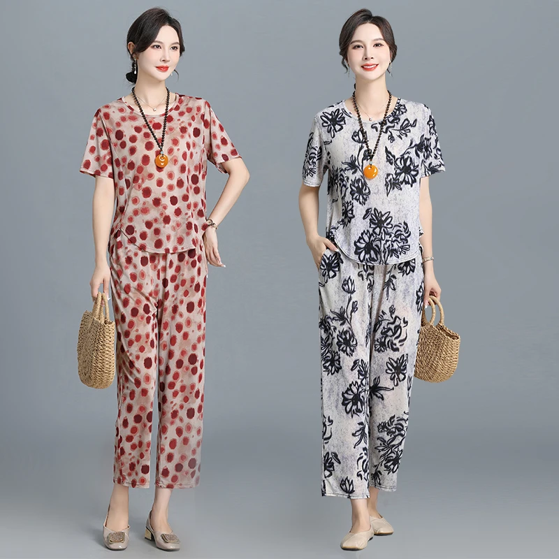 妈妈装夏季新款套装时尚洋气中老年女装上衣加裤子气质大码女装