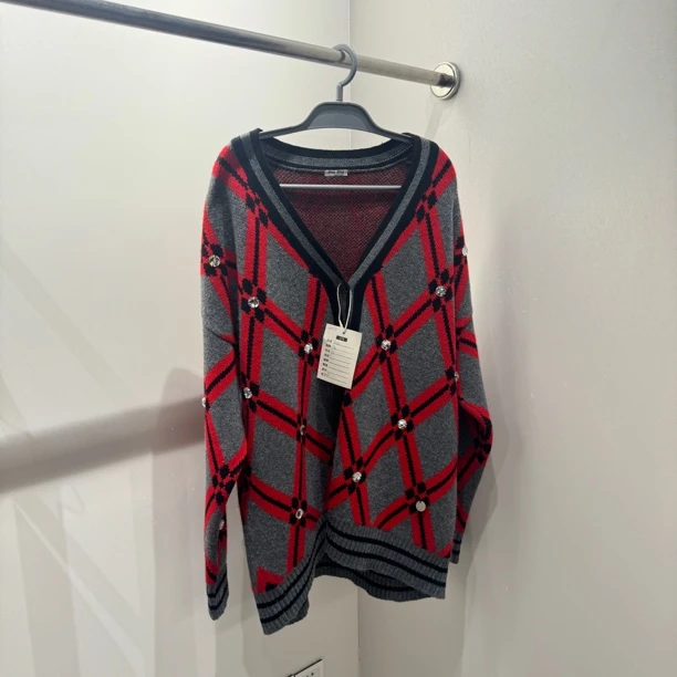 MiuMiu/缪缪 ww31 V领长款格纹针织衫 36码