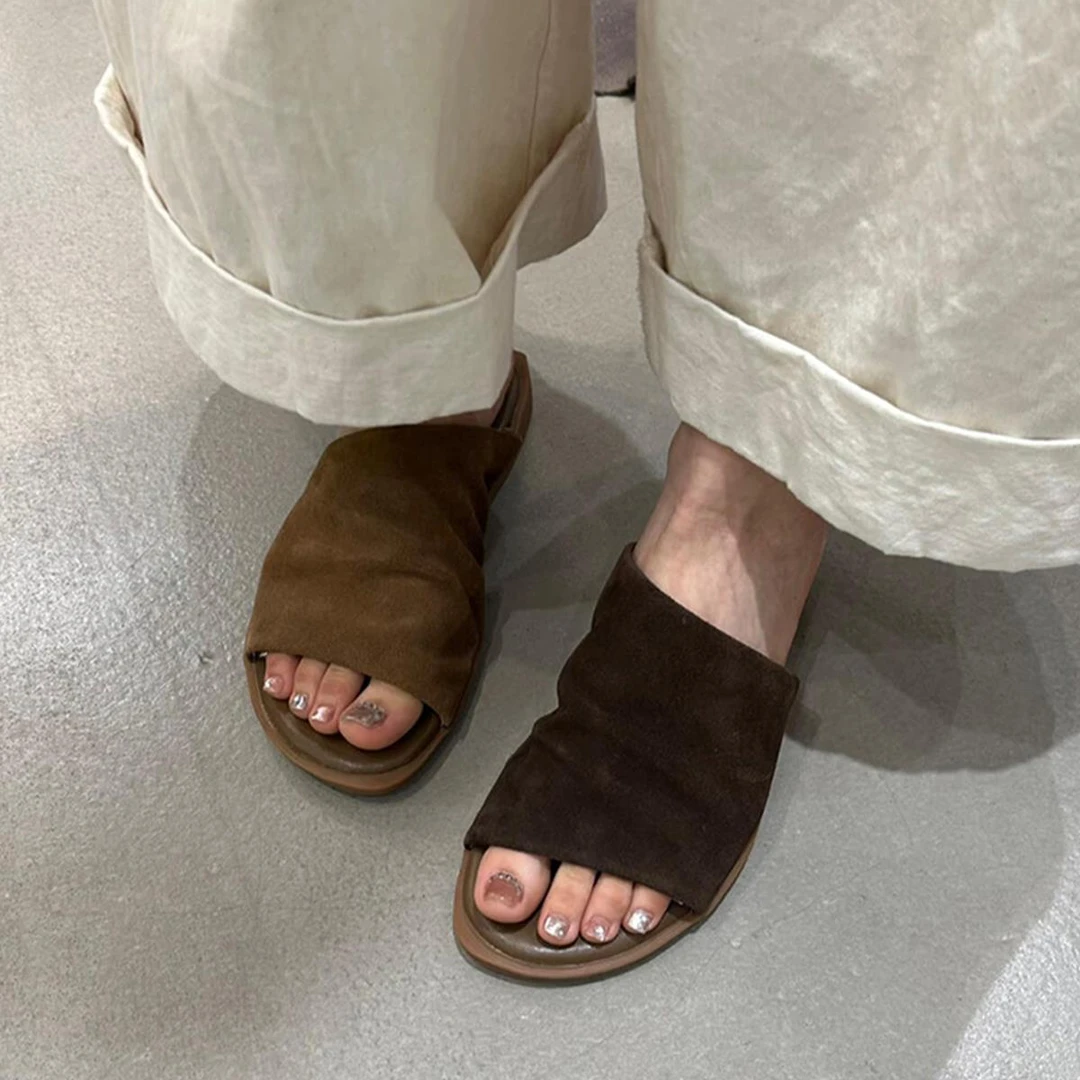羊皮版~复古百搭磨砂皮外穿懒人一字拖鞋平底百搭真皮露趾凉拖鞋