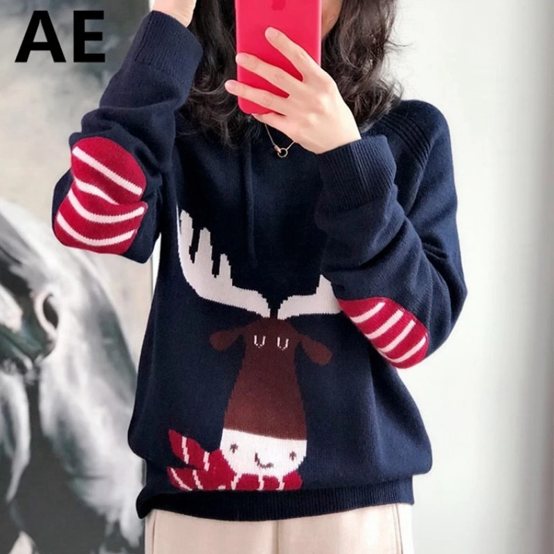 女打底卡通慵懒风春秋冬麋鹿连帽AE套头毛针织衫百搭毛衣拼接宽松