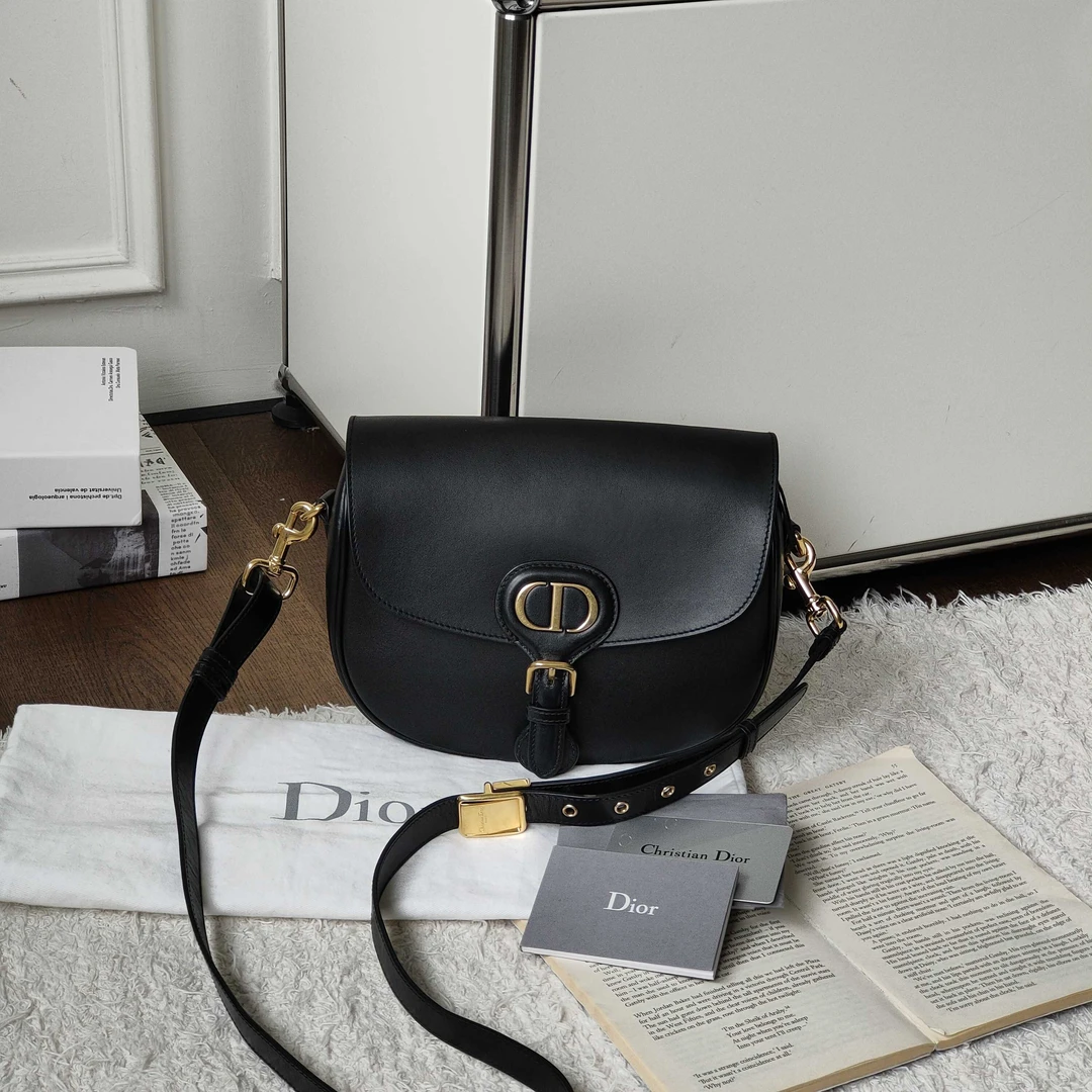 95新 DIOR/迪奥 Azul-黑金牛皮bobby百搭中号斜挎马鞍包/37936