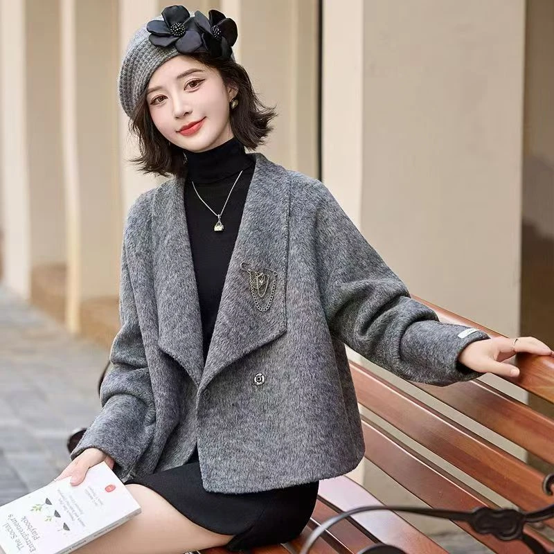 QW1606A新款呢子短大衣气质翻领羊毛呢外套