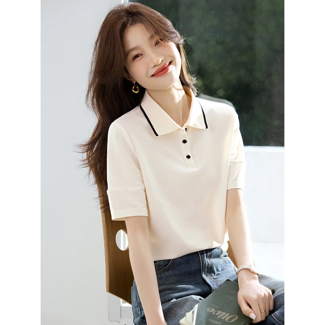 沫晗依美休闲撞色POLO领短袖衬衫2025秋夏新款时尚百搭白色上衣女