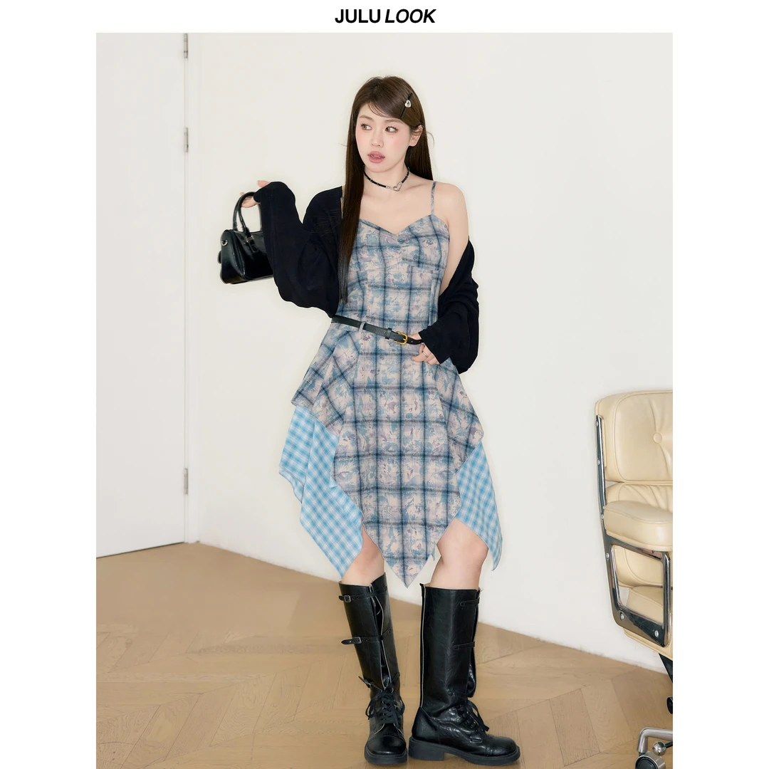 巨鹿工作室“海盐可露丽”微胖mm拼接不规则格纹吊带裙大码连衣裙
