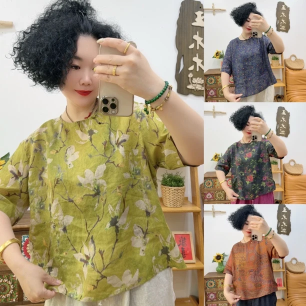 【木木新品】7122#盘扣花色苎麻衫