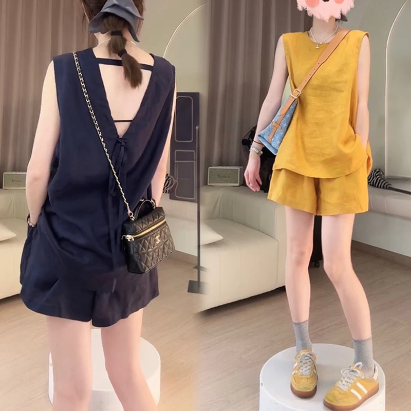 气质减龄一整套女士夏季顺款圆领无袖背心上衣高腰休闲短裤两件套