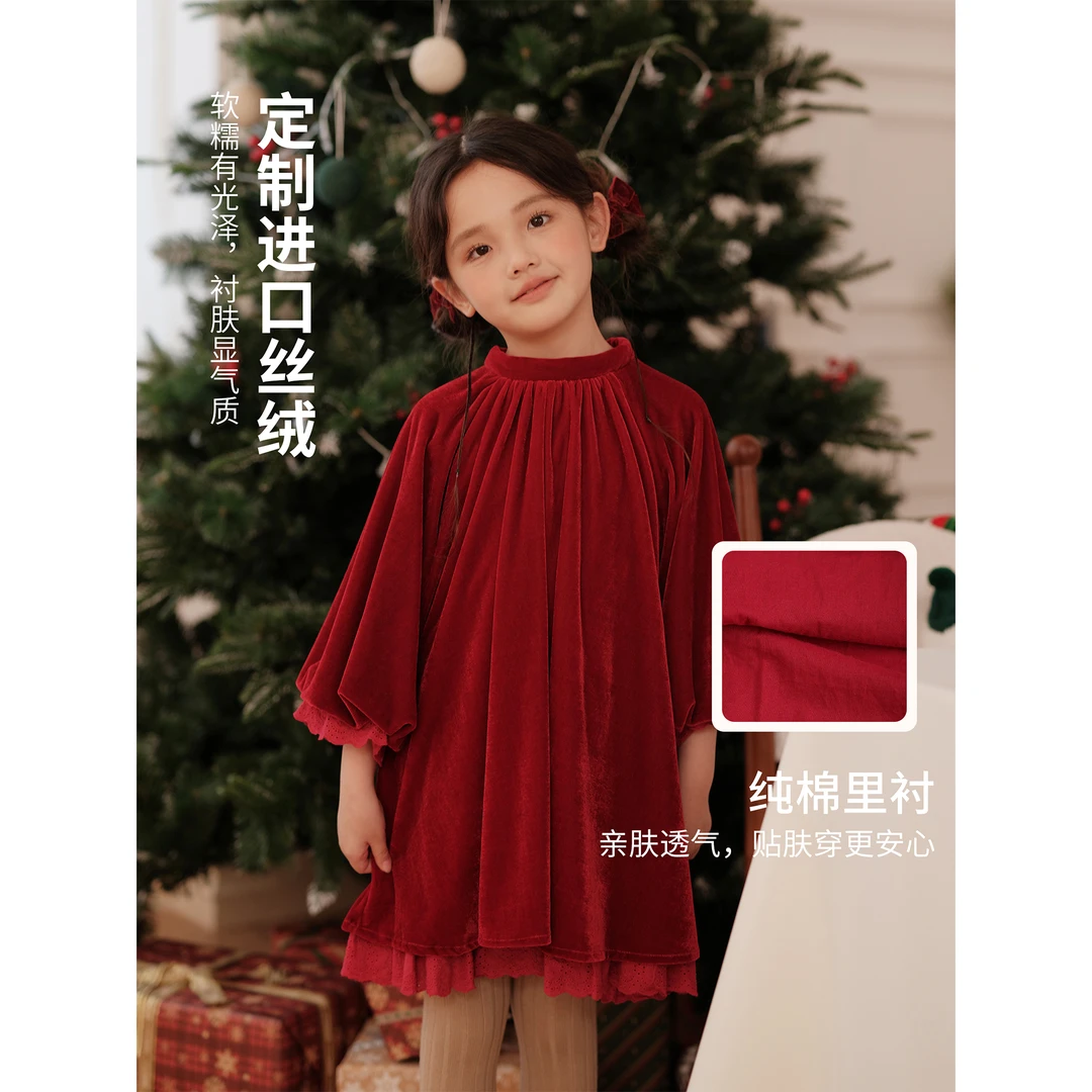初煦 进口丝绒 女童秋冬复古红色丝绒连衣裙 宝宝圣诞新年生日裙