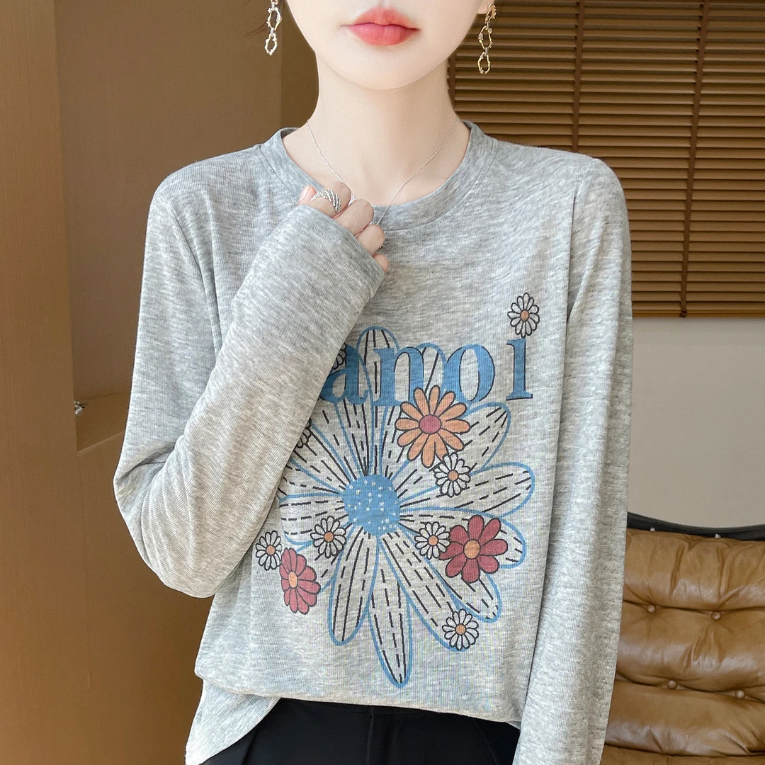 【现货宠粉】新款长袖针织衫女圆领T恤印花套头短款轻奢百搭亲肤薄