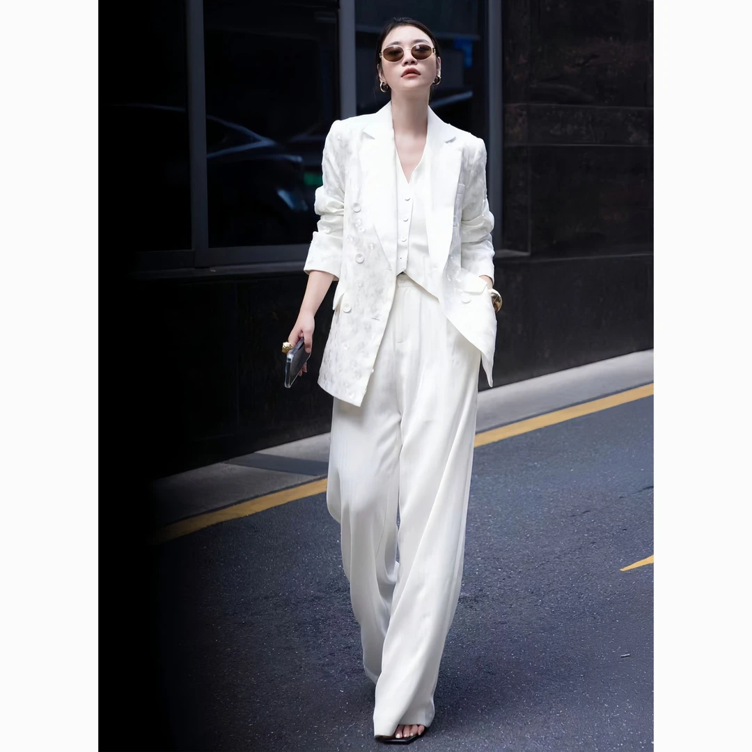 ZEROYK时尚套装2025秋季高端亮片订花西装马甲阔腿裤三件套