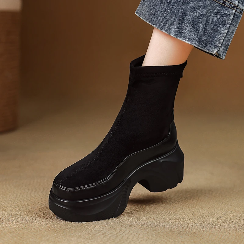松糕厚底短靴马丁靴小个子高跟绒面弹力瘦瘦靴拼接袜靴大码41-43