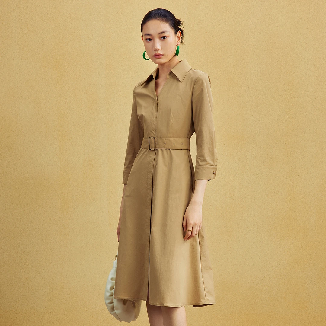 【婷婷专属】纯色气质连衣裙女七分袖中长款风衣式衬衫裙M534201775