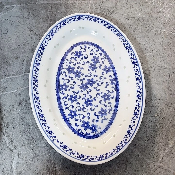 碗青花玲珑12寸紫荆花鱼盘