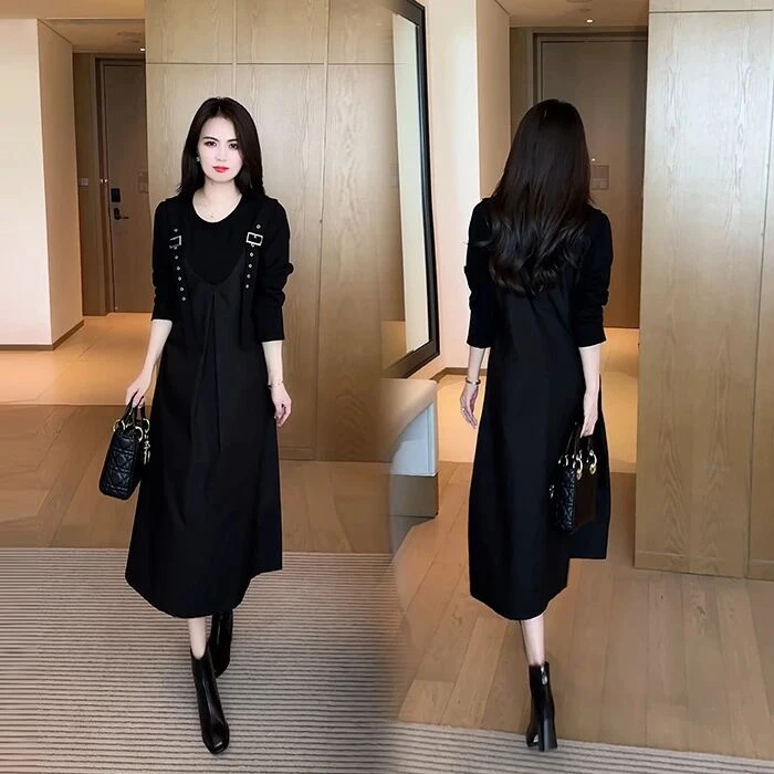 2025秋季新款拼接假两件背带休闲百搭遮肚显瘦过膝纯色中长连衣裙