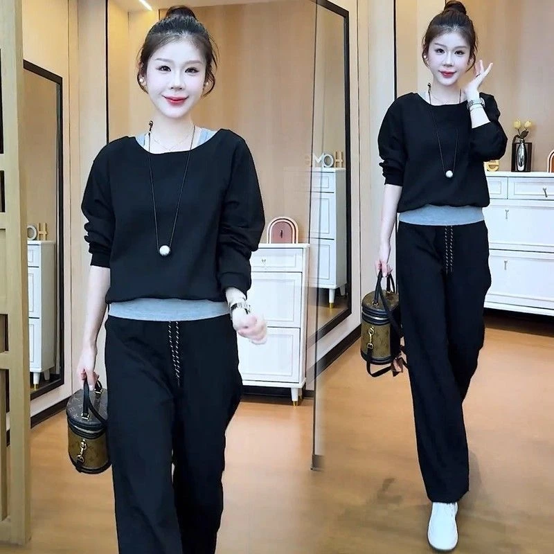 休闲运动风时尚套装2025秋季韩版气质拼接卫衣宽松直筒裤两件套