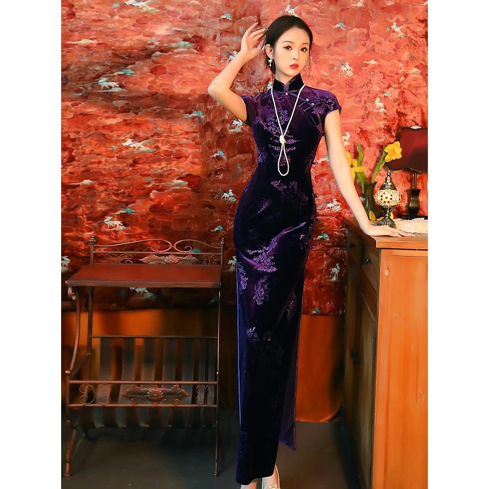 紫色新中式旗袍新款2025时尚女改良高贵覆古民国风女装长版洋装