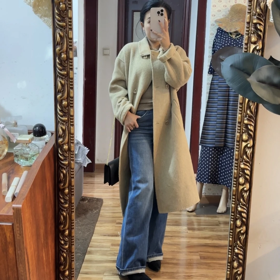 新款百搭时尚翻领长款羊绒大衣双面大衣