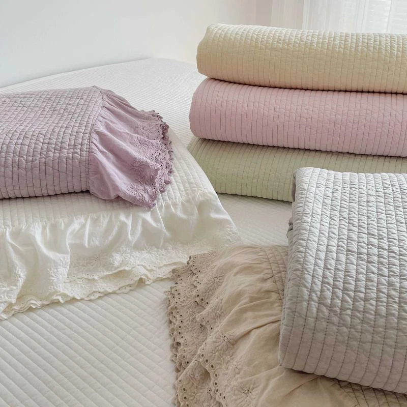 出口韩国80支纯棉绗缝床盖三件套酵素纯色夹棉加厚盖毯防滑床单