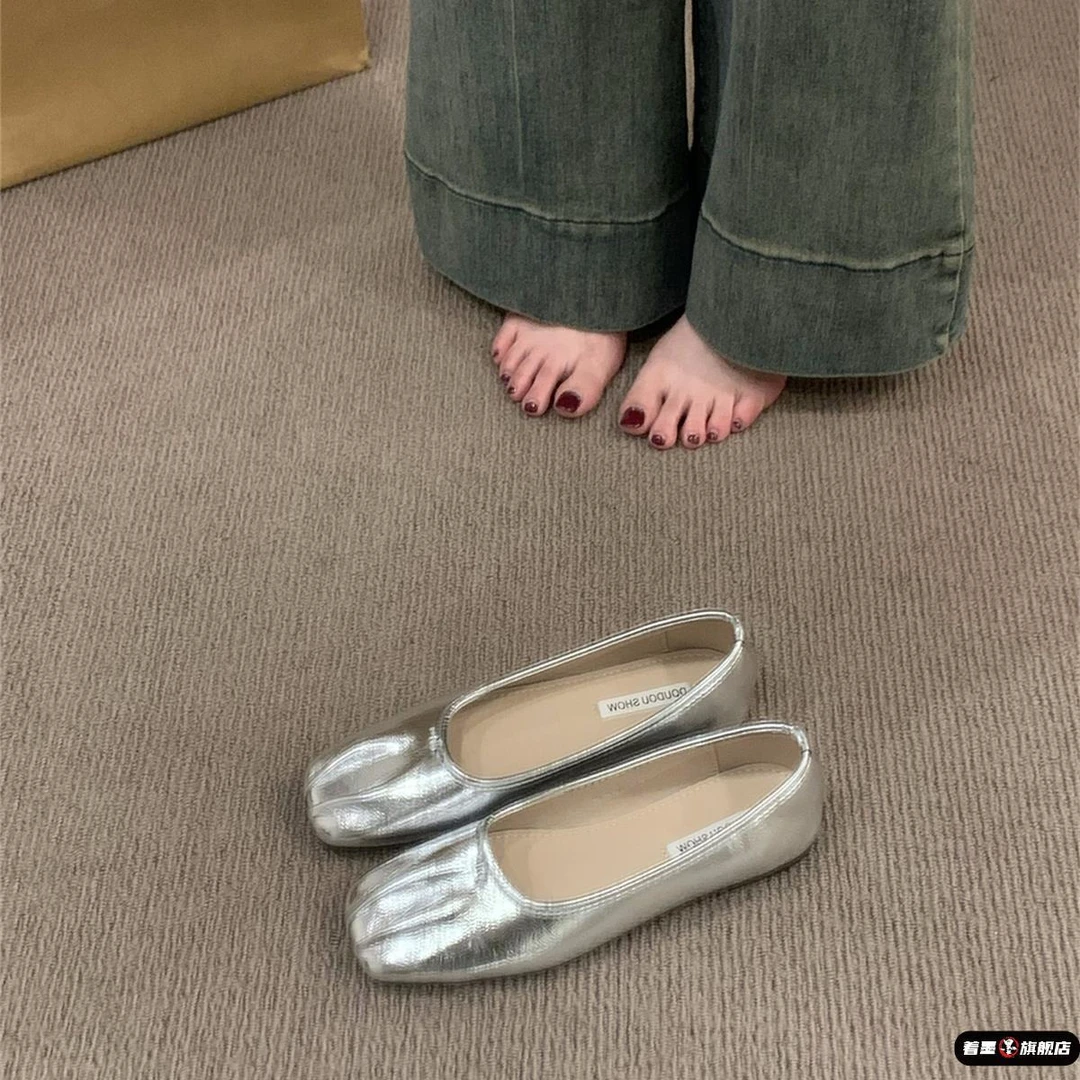 平底春秋法式银色方头单鞋女鞋子2025新款春季法式褶皱软底豆豆鞋