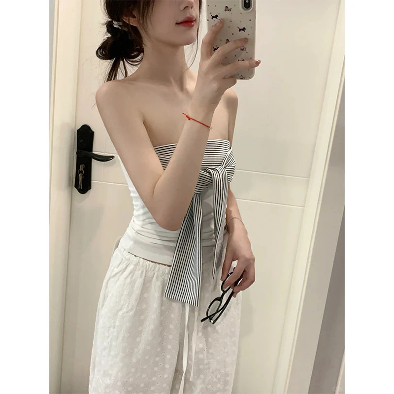 条纹拼接辣妹露背无袖抹胸背心上衣女夏季休闲裤阔腿裤长裤两件套