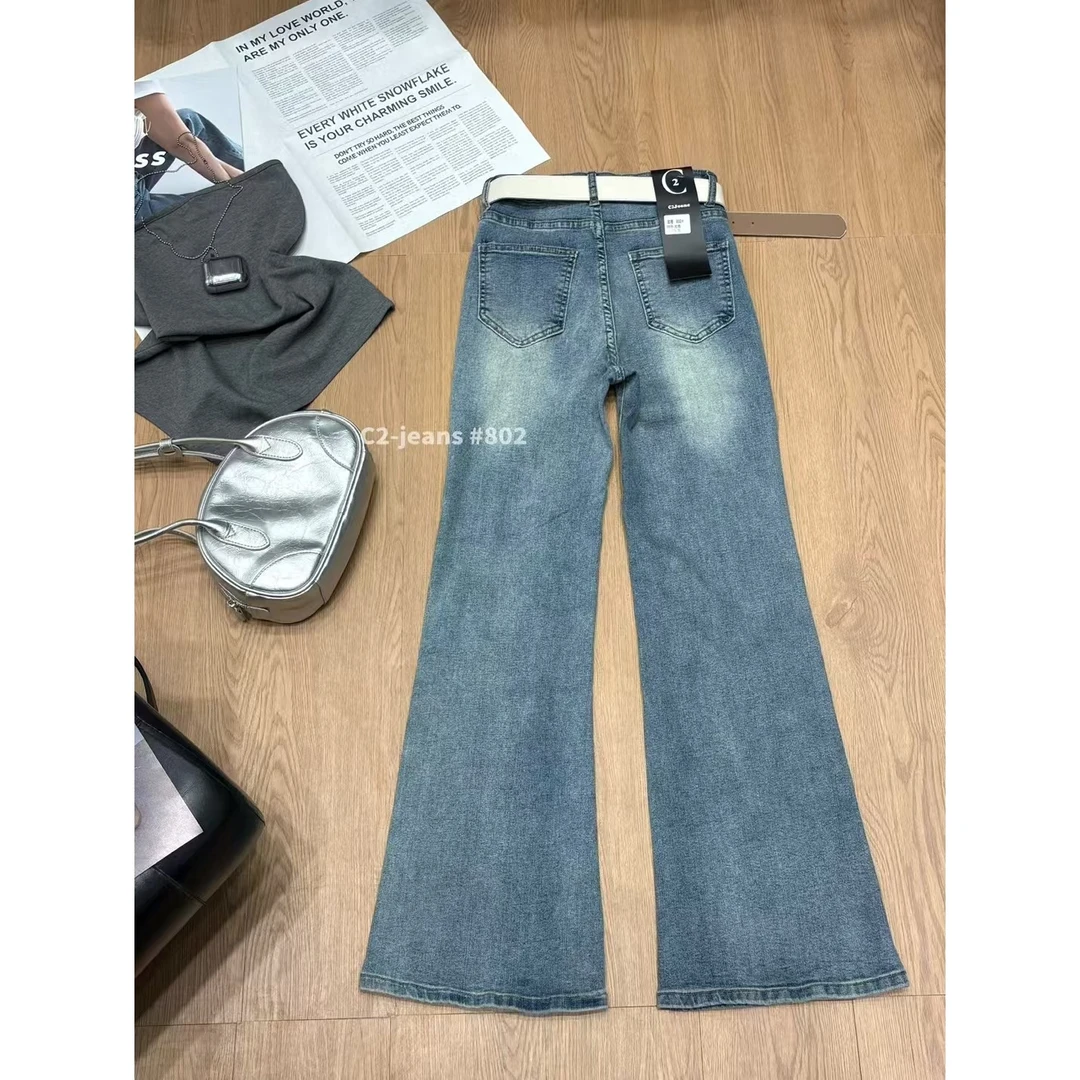 Feifei同款  微喇裤高腰美式复古蓝开叉牛仔裤 JY3230