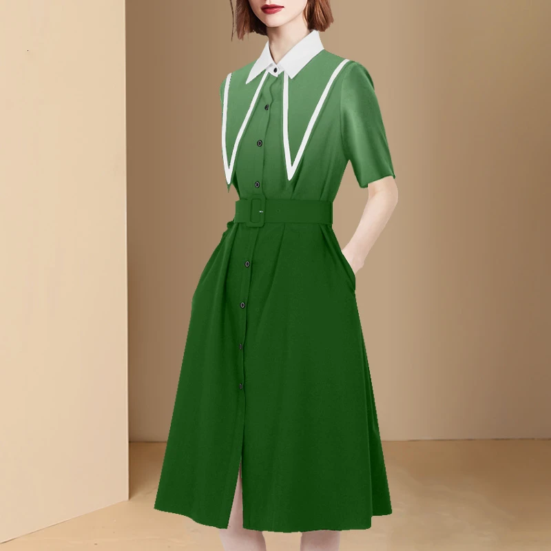 2025新款高级感休闲连衣裙女夏短袖气质收腰衬衫裙中长款