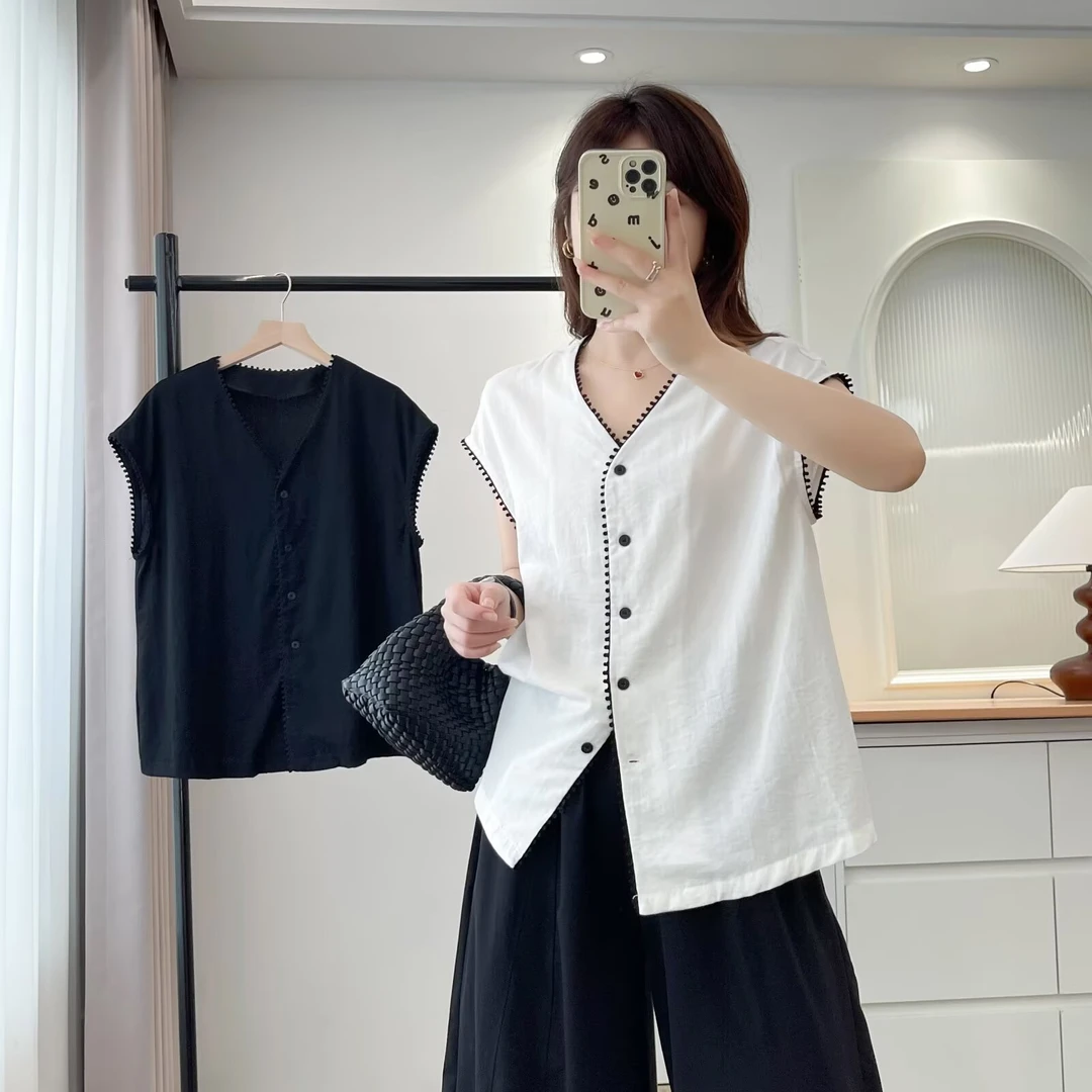 大码V领拼色设计感时尚气质夏季简约宽松短袖衬衫525