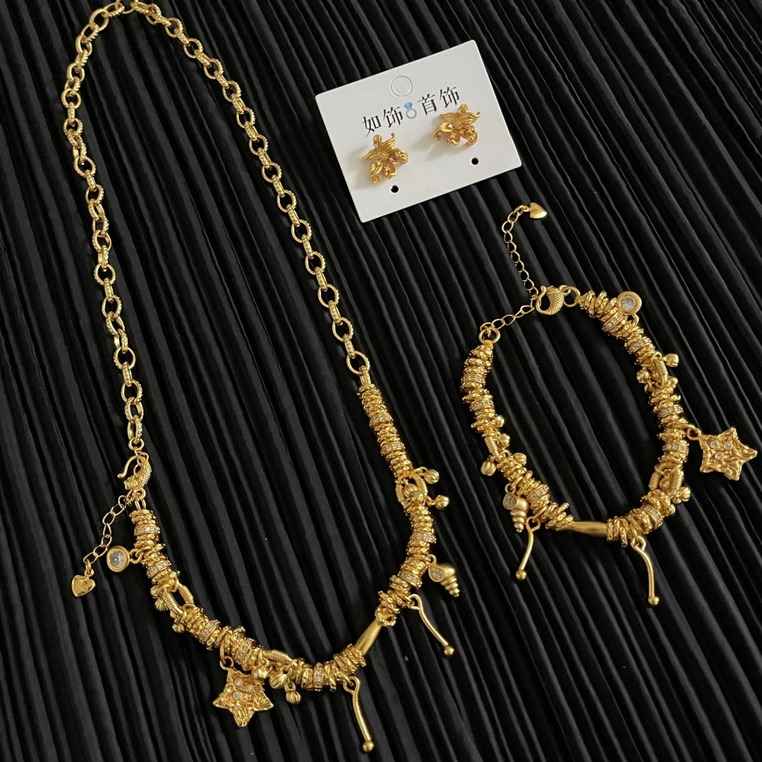 铜合金项链 如饰 古法小星星流苏三件套套装时尚百搭气质