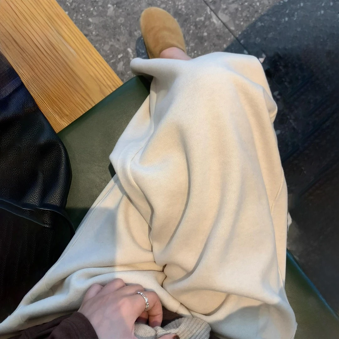 冬季大码杏色高腰垂感加绒阔腿裤女遮胯显瘦宽松慵懒风直筒休闲裤