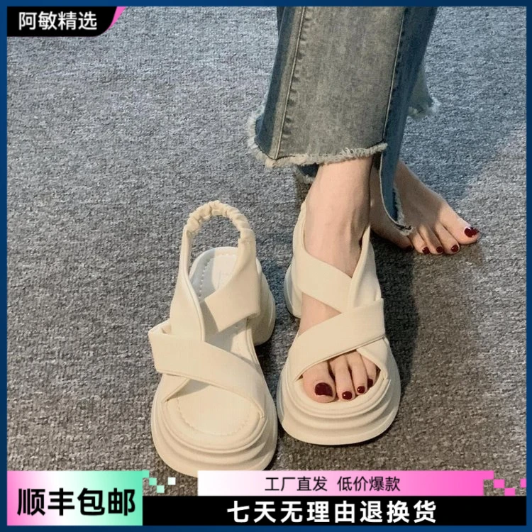 网外穿平底厚底ins仙女风夏季软底高跟时尚百搭复古坡跟小众