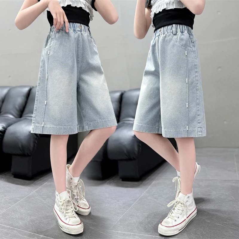 女童牛仔短裤夏季薄款2025新款夏装女孩珍珠炸街时尚外穿儿童裤子