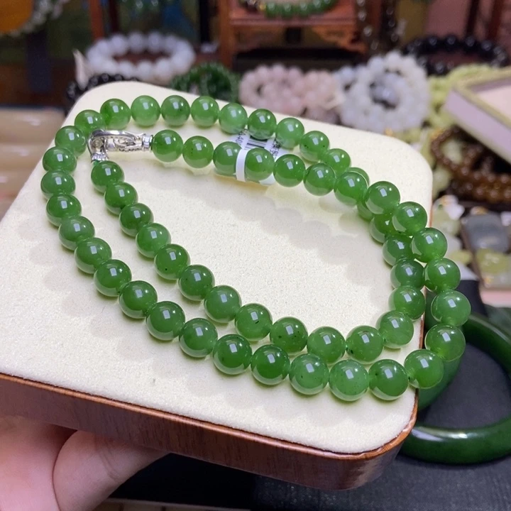 和田玉未镶嵌颈饰碧玉阳绿老矿料项链8mm