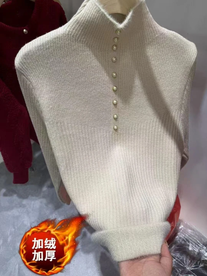 优雅知性一体绒毛衣女圆领加绒加厚套头打底衫-九个扣